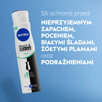 Antyperspirant NIVEA Black & White Fresh spray, biała puszka, na niebieskim tle z opisem 5X ochrony.