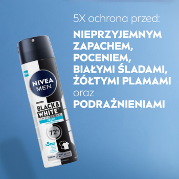 NIVEA MEN Black & White Fresh Antyperspirant spray 150 ml, butelka 5X ochrona, na błękitnym tle.