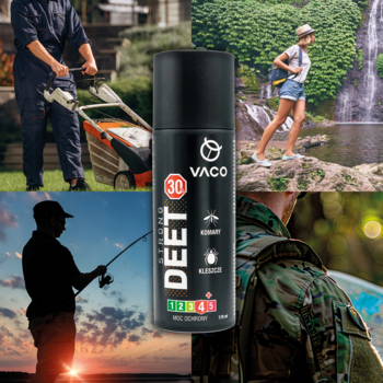 Czarny aerozol VACO Strong DEET 30 na komary i kleszcze, otoczony zdjęciami ludzi w plenerze.
