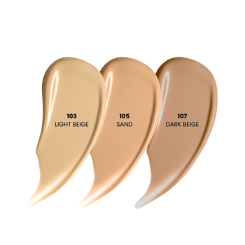 Podkład Ideal Tone w trzech odcieniach: 103 Light Beige, 105 Sand, 107 Dark Beige. Smugi na białym tle.