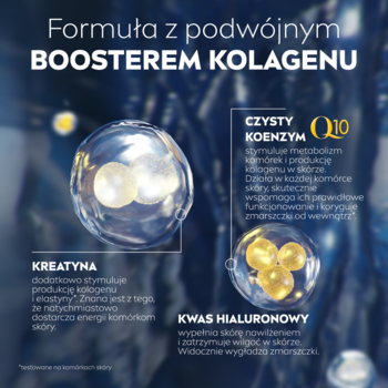 Wizualizacja składników kremu NIVEA Q10: Q10 i kreatyna jako kuliste struktury, tło z płynnym kolagenem.