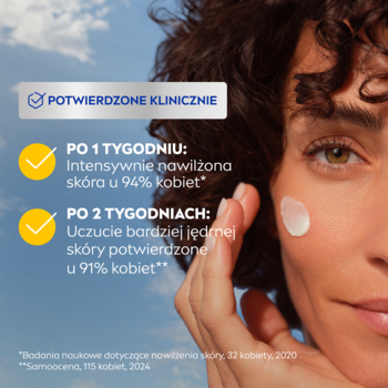 Krem NIVEA Q10 Ujędrnienie SPF30. Kobieta aplikuje krem na policzek, obok tekst o nawilżeniu i ujędrnieniu skóry.