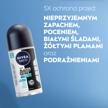 NIVEA MEN Black & White Fresh roll-on, biało-czarny, 5X ochrona przed plamami i potem, widok z przodu.