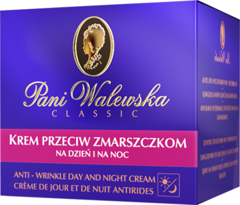 Pani Walewska Classic krem przeciwzmarszczkowy na dzień i noc w granatowym pudełku, widok z przodu pod kątem.