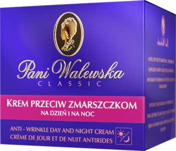 Pani Walewska Classic krem przeciwzmarszczkowy na dzień i noc w granatowym pudełku, widok z przodu pod kątem.