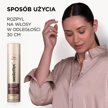 Złoty lakier WellaFlex Power Mega Strong Hold i kobieta, instrukcja użycia: rozpyl z 30 cm.
