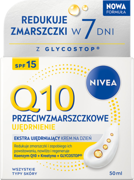 NIVEA Q10 krem przeciwzmarszczkowy na dzień SPF15. Biało-niebieskie opakowanie, widok z przodu. Redukuje zmarszczki w 7 dni.