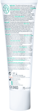 Tył białej tubki pasty elmex Sensitive Repair & Prevent 75 ml, widoczny szczegółowy opis produktu.
