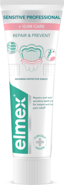Pasta do zębów elmex Sensitive Professional Repair & Prevent w białej tubie z zielono-różowym logo, widok z przodu.