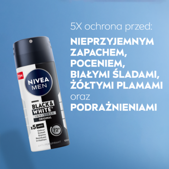 NIVEA MEN Black & White Antyperspirant, czarno-biała butelka w sprayu, widok z przodu, na niebieskim tle z 5X ochroną.