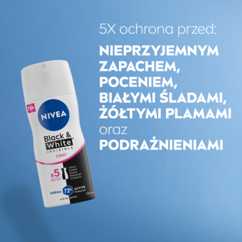 Antyperspirant NIVEA Black & White Clear spray 100ml, 5X ochrona. Biało-czarne opakowanie na niebieskim tle.