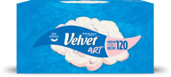 Kompaktowe pudełko chusteczek Velvet Art, niebieskie tło, różowy wzór i napis "NEW COMPACT BOX 120".