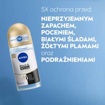 NIVEA Black & White Antyperspirant roll-on 50ml, butelka ze złotą nakrętką, z opisem 5X ochrony przed potem.
