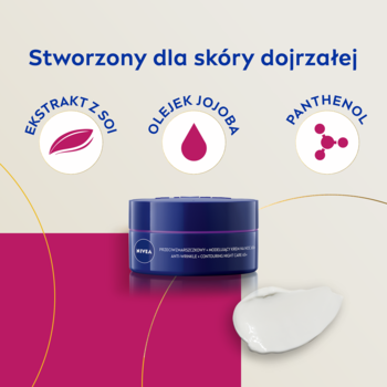 Krem Nivea 65+ na noc, w ciemnoniebieskim słoiczku. Widoczny biały krem i składniki: soja, jojoba, pantenol.