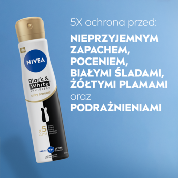 NIVEA Black & White Silky Smooth antyperspirant w sprayu, biało-czarna butelka, widoczna 5X ochrona.