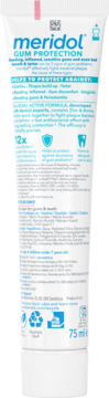 Biała tubka pasty do zębów Meridol Gum Protection 75ml, widok z przodu, szczegóły o ochronie dziąseł.