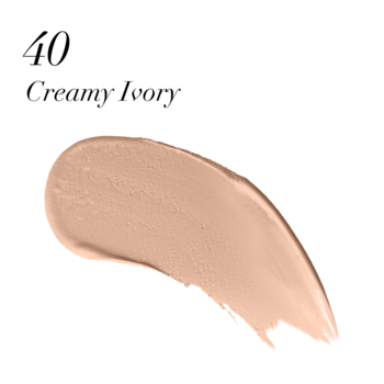 Miracle Touch podkład Creamy Ivory 40, gładka smuga nawilżającego fluidu z SPF 30 na białym tle.