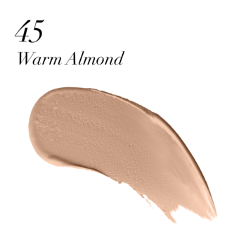 Próbka płynnego podkładu Miracle Touch, odcień 45 Warm Almond, beżowy kolor na białym tle, widok z bliska.
