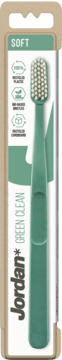Zielona szczoteczka Jordan Green Clean SOFT w beżowym opakowaniu z recyklingu, widok pionowy z przodu.