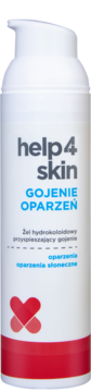 Biała butelka Help4Skin Gojenie Oparzeń (hydrokoloidowy żel) z pompką, widok z przodu, z czerwonym logo.