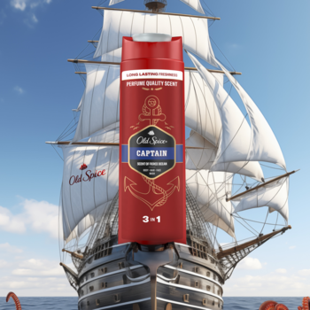 Czerwony żel pod prysznic Old Spice Captain 3-in-1 na tle statku żaglowego, z napisem Captain.