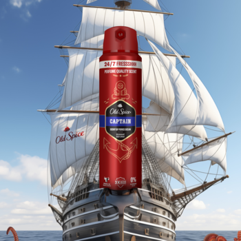 Czerwony dezodorant Old Spice Captain w sprayu, widok z przodu na tle żaglowca na morzu, z napisem '24/7 FRESHNESS'.