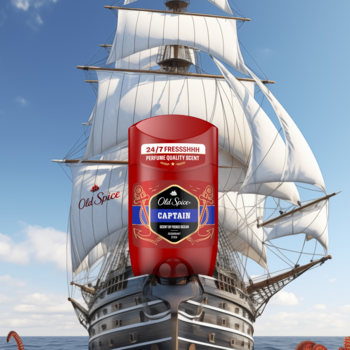 Dezodorant w sztyfcie Old Spice Captain, czerwony z niebieskim napisem, na tle żaglowca na morzu.