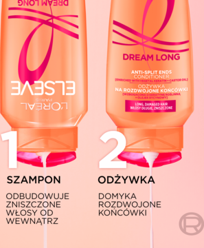 L'Oréal Elseve Dream Long: dwie pomarańczowe butelki - szampon odbudowujący i odżywka na rozdwojone końcówki.