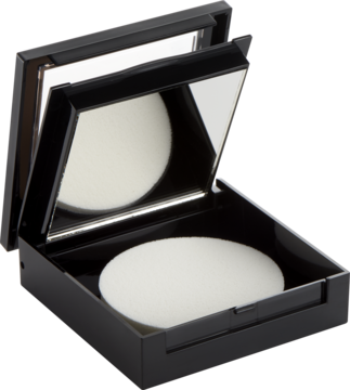 Puder matujący Fit Me! w otwartym czarnym kompakcie z lusterkiem i białą gąbką, ujęcie z góry.
