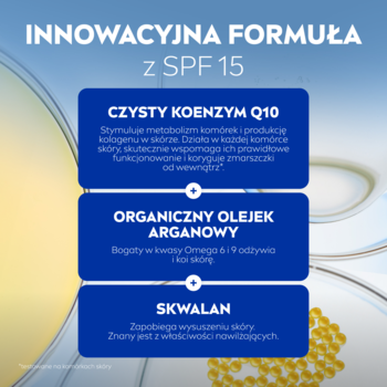 Infografika składników NIVEA Q10 SPF15: czysty koenzym Q10, olejek arganowy, skwalan na gradientowym tle.