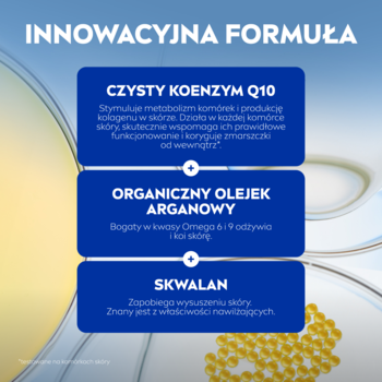 Grafika NIVEA Q10 noc podkreślająca innowacyjne składniki: koenzym Q10, olejek arganowy, skwalan, na niebieskich polach.