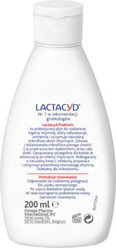 Tył białej butelki Lactacyd Prebiotic 200 ml, płyn do higieny intymnej, z polskim opisem i instrukcją.