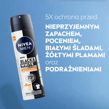 Antyperspirant NIVEA MEN Black & White Ultimate Impact w czarno-białym opakowaniu, widok z przodu na niebieskim tle.
