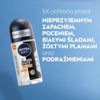 NIVEA MEN Black & White Antyperspirant roll-on, przezroczysta butelka z etykietą, widoczna 5X ochrona.