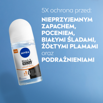NIVEA Black & White Ultimate Impact roll-on 50ml, przezroczysta butelka na tle z tekstem '5X ochrona'.
