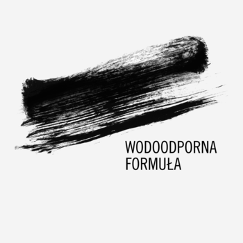 Grafika: grube, czarne pociągnięcie pędzla i tekst "WODOODPORNA FORMUŁA" na szarym tle, dla tuszu.