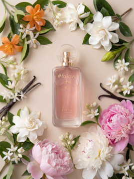 Esotiq Joanna Krupa #follow the joy woda perfumowana, różowy flakonik wśród gardenii, piwonii, kwiatu pomarańczy i wanilii.