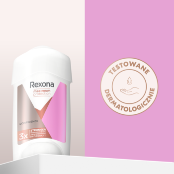 Rexona Maximum Protection Confidence antyperspirant w kremie, biały stick z różowo-miedzianą etykietą, widok z przodu, na tle różowo-białym z certyfikatem.