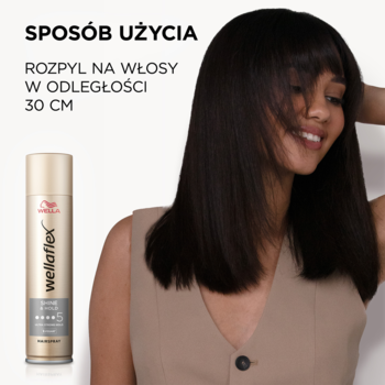 Lakier Wellaflex Shiny Hold (moc 5) w złotej puszce, obok kobieta z lśniącymi włosami i instrukcją.