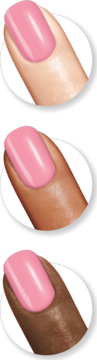 Różowy lakier Sally Hansen Insta-Dri Pink Blink na paznokciach, widok na trzy odcienie skóry, pełne krycie.