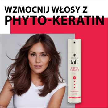 Lakier Taft Phyto-Keratin w białej butelce z czerwoną etykietą obok kobiety z lśniącymi włosami. Wzmacnia.