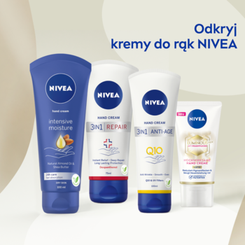 Cztery tubki kremów NIVEA do rąk: Intensive Moisture, 3in1 Repair, Anti-Age Q10 i Care & Protection.