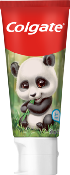 Pasta do zębów Colgate dla dzieci, tubka z uroczą pandą jedzącą bambus, widok z przodu, dla 3+ lat.