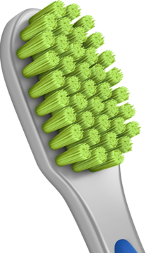 Zbliżenie na zielone, bardzo miękkie włókna szczoteczki Elmex Ultra Soft, 0.1mm, dla delikatnej pielęgnacji.