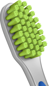 Zbliżenie na zielone, bardzo miękkie włókna szczoteczki Elmex Ultra Soft, 0.1mm, dla delikatnej pielęgnacji.
