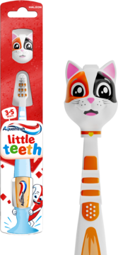 Aquafresh Little Teeth szczoteczka dla dzieci 3-5 lat z główką kota, w czerwonym opakowaniu i zbliżenie.