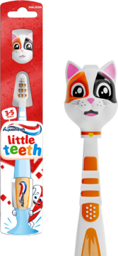 Aquafresh Little Teeth szczoteczka dla dzieci 3-5 lat z główką kota, w czerwonym opakowaniu i zbliżenie.