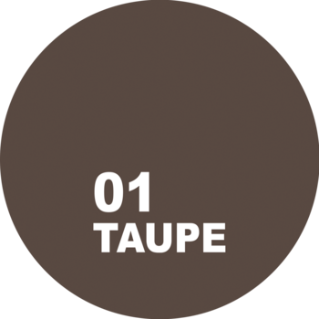 Próbka koloru 01 Taupe kredki do brwi Eveline Cosmetics. Ciemnobrązowy okrągły swatch z napisem.