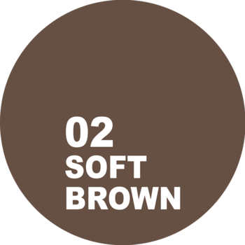 Próbnik koloru Eveline Cosmetics Micro Precision Brow Pencil 02 Soft Brown, brązowe koło z białym napisem.
