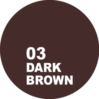 Okrągły wzornik koloru 03 Dark Brown automatycznej kredki Eveline Micro Precision Brow Pencil z białym tekstem.